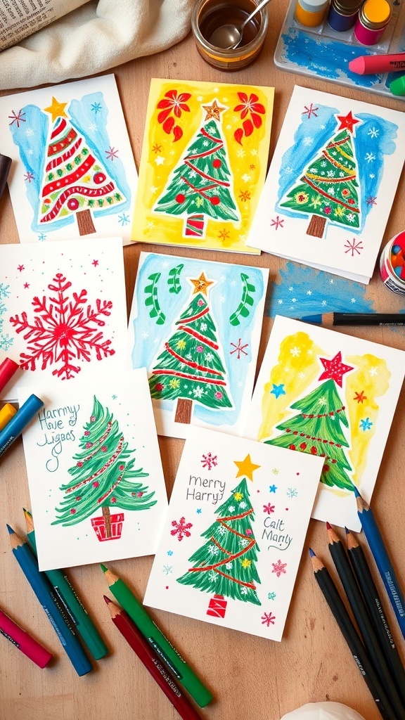 Handmade Oil Pastel Christmas Cards Handmade Christmas cards with colorful oil pastel designs on a crafting table.